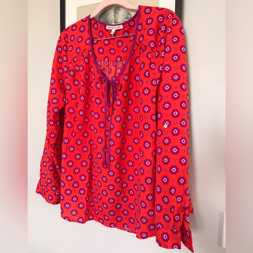 Daniel Rainn Red Floral Tie-Neck Tunic with Purple Accents